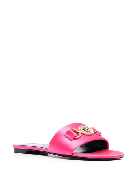 versace logo ankle strap leather sandals|versace medusa flats sandals women.